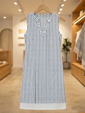 Sleeveless Blue & White Striped Shift Dress